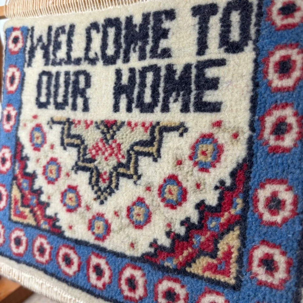 Miniature Welcome to Our Home‎ Tapestry Rug on Wooden Loom Display